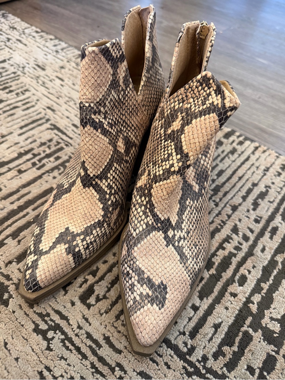 Vince Camuto Beige and Brown Snake-Print Pointed Ankle Boots